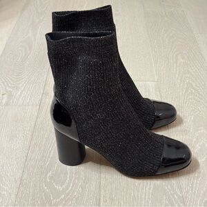 Sandro Paris Lyv Patent Leather Captoe Glitter Black Sock Boots - like new